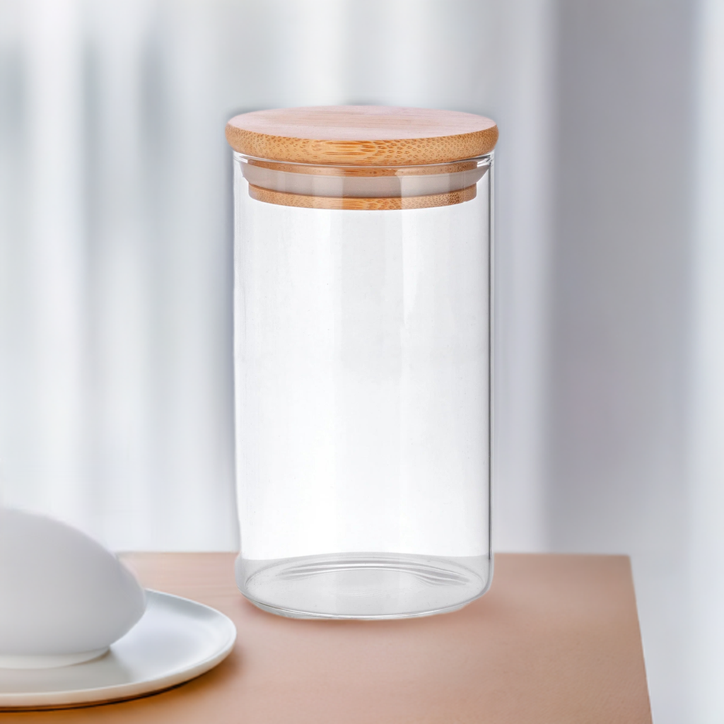 10 oz Borosilicate Clear Glass Jar with Wooden Bamboo Lid (Single)