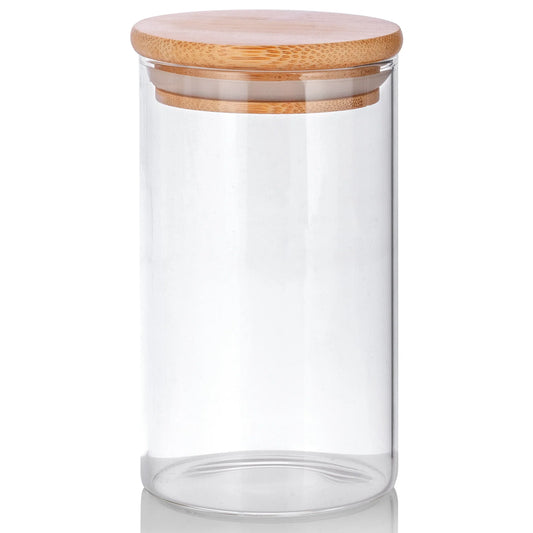 10 oz Borosilicate Clear Glass Jar Tall with Wooden Bamboo Lid (Single)